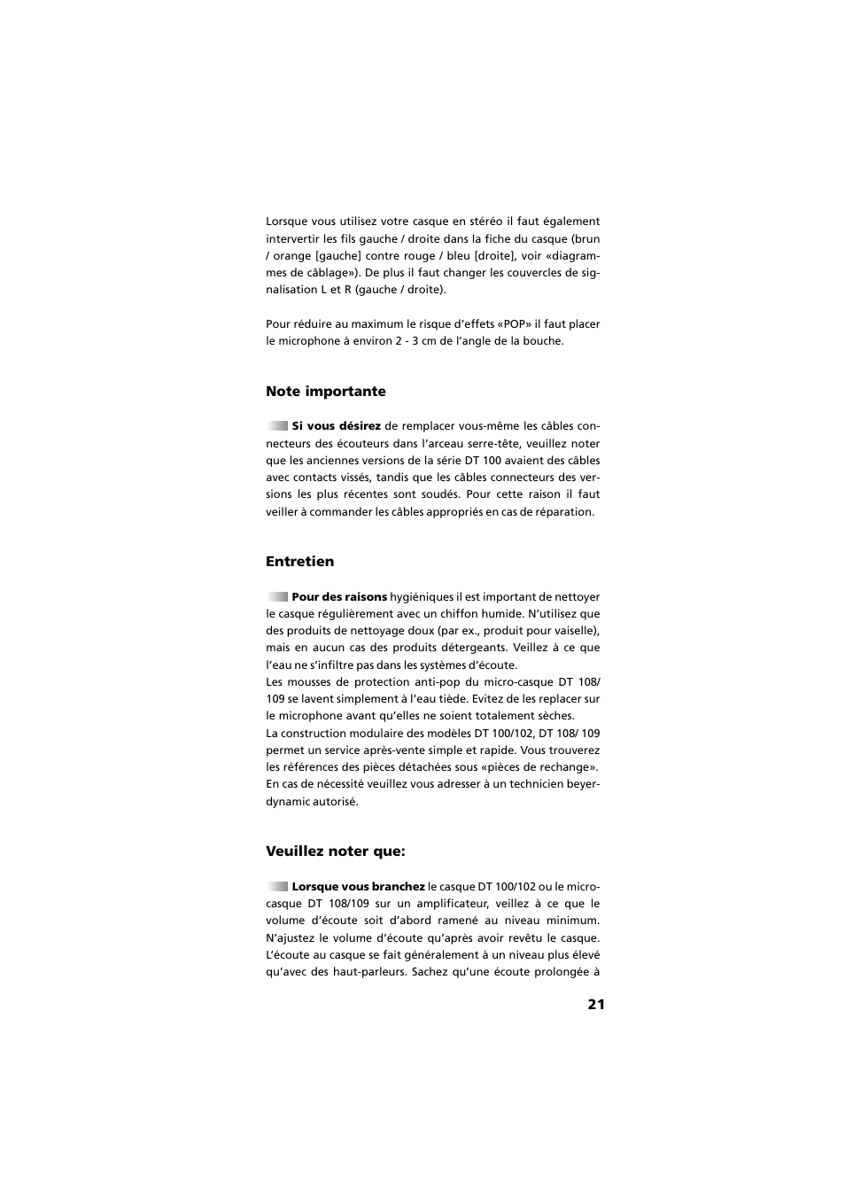 Note importante, Entretien, Veuillez noter que | Beyerdynamic DT 109 User Manual | Page 21 / 28
