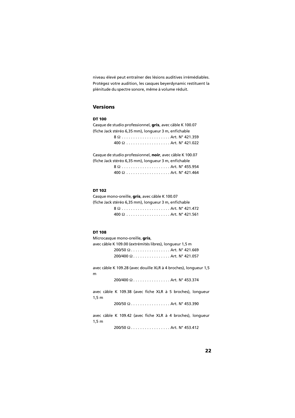 Versions | Beyerdynamic DT 109 User Manual | Page 22 / 28