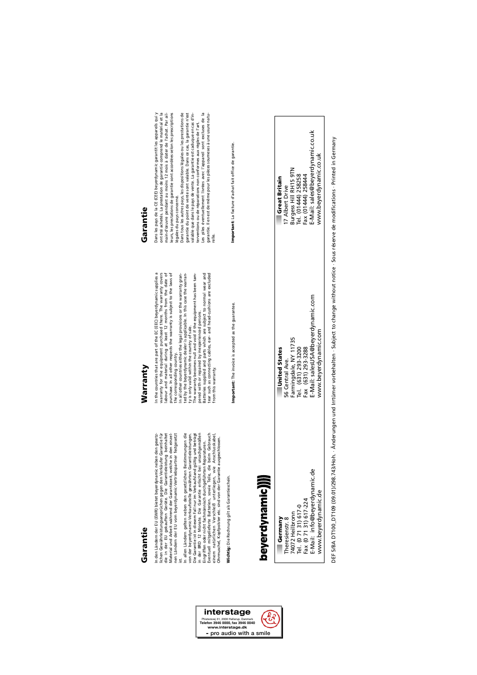 Garantie, Warranty, Interstage | Beyerdynamic DT 109 User Manual | Page 28 / 28