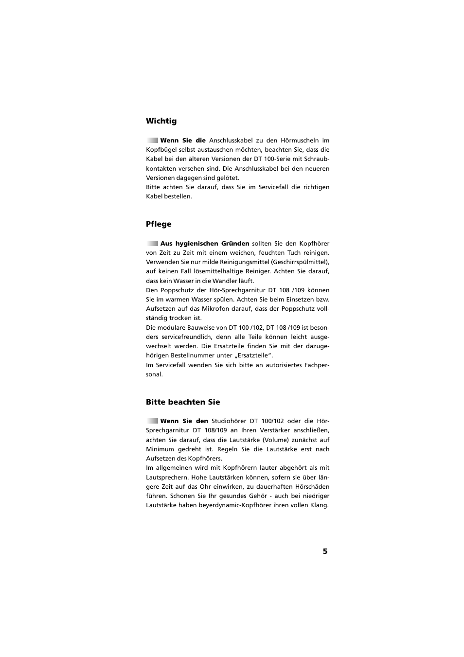 Wichtig, Pflege, Bitte beachten sie | 5wichtig | Beyerdynamic DT 109 User Manual | Page 5 / 28