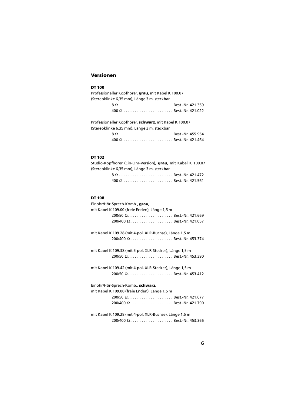 Versionen, 6versionen | Beyerdynamic DT 109 User Manual | Page 6 / 28