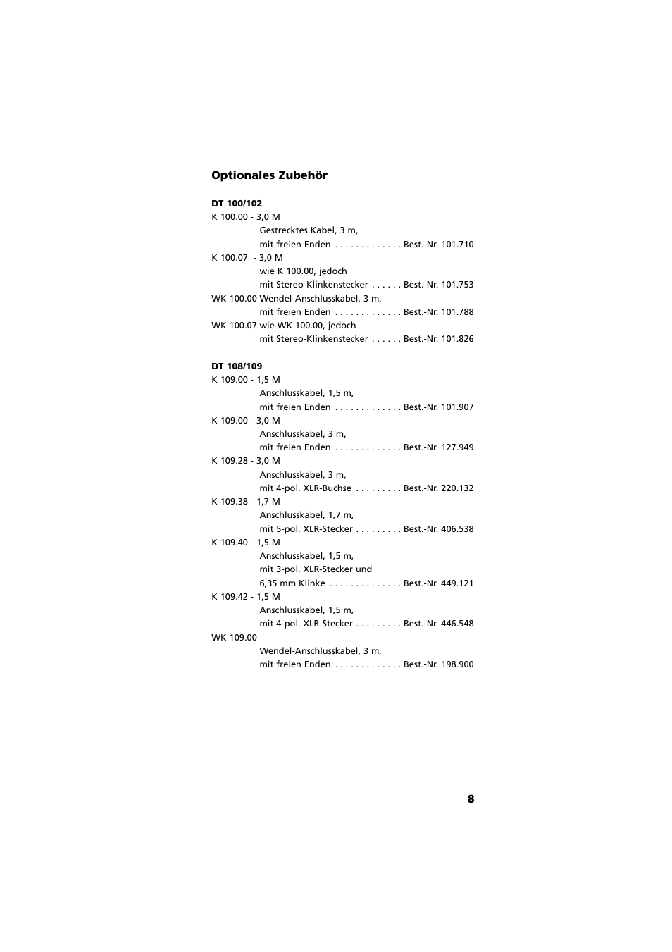 Optionales zubehör, 8optionales zubehör | Beyerdynamic DT 109 User Manual | Page 8 / 28