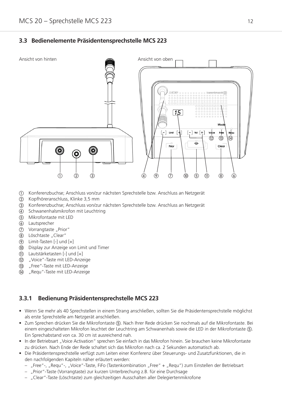 3 bedienelemente präsidentensprechstelle mcs 223, 1 bedienung präsidentensprechstelle mcs 223 | Beyerdynamic MCS 20 User Manual | Page 12 / 76