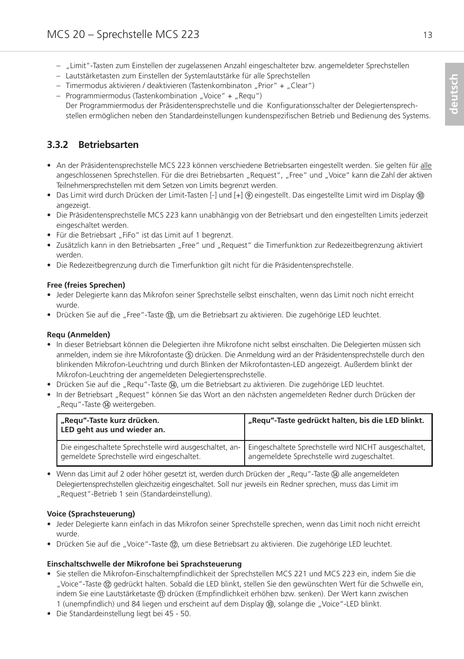 2 betriebsarten, Deutsch | Beyerdynamic MCS 20 User Manual | Page 13 / 76