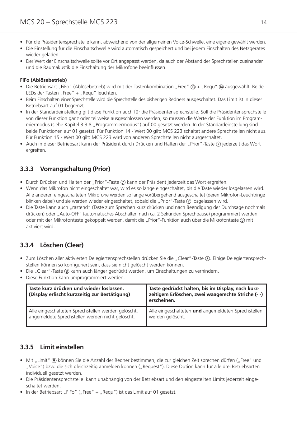 3 vorrangschaltung (prior), 4 löschen (clear), 5 limit einstellen | Beyerdynamic MCS 20 User Manual | Page 14 / 76