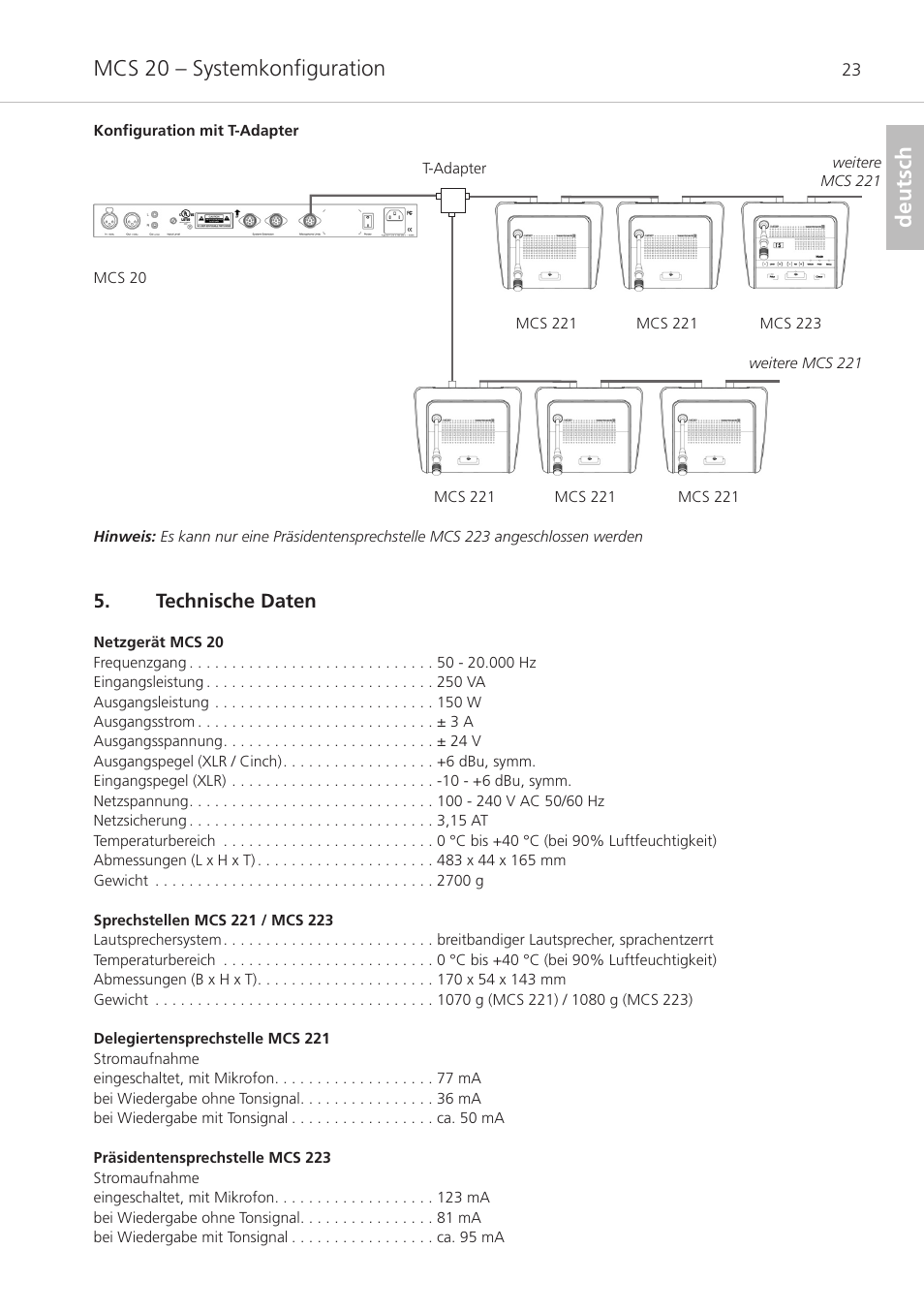 Technische daten, Mcs 20 – systemkonfiguration, Deutsch | Beyerdynamic MCS 20 User Manual | Page 23 / 76