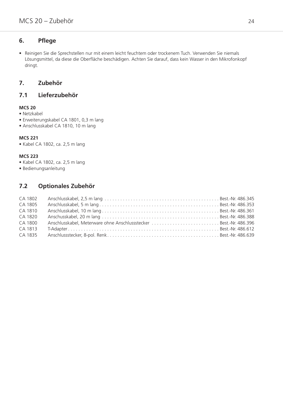 Pflege, Zubehör, 1 lieferzubehör | 2 optionales zubehör, Mcs 20 – zubehör | Beyerdynamic MCS 20 User Manual | Page 24 / 76