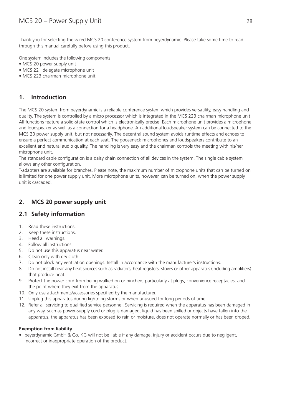 Introduction, Mcs 20 power supply unit, 1 safety information | Mcs 20 – power supply unit, Mcs 20 power supply unit 2.1 safety information | Beyerdynamic MCS 20 User Manual | Page 28 / 76