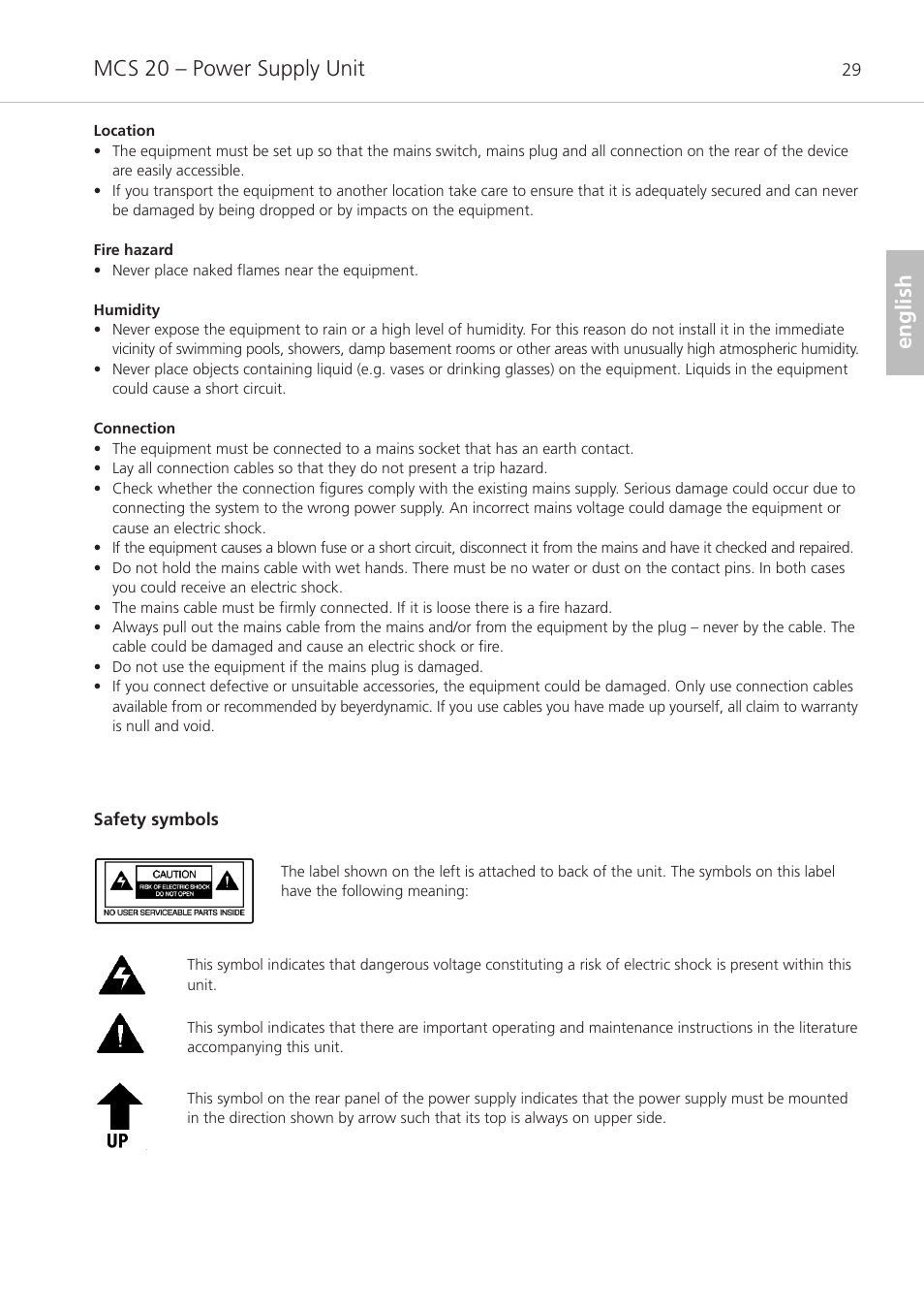 Mcs 20 – power supply unit, English | Beyerdynamic MCS 20 User Manual | Page 29 / 76