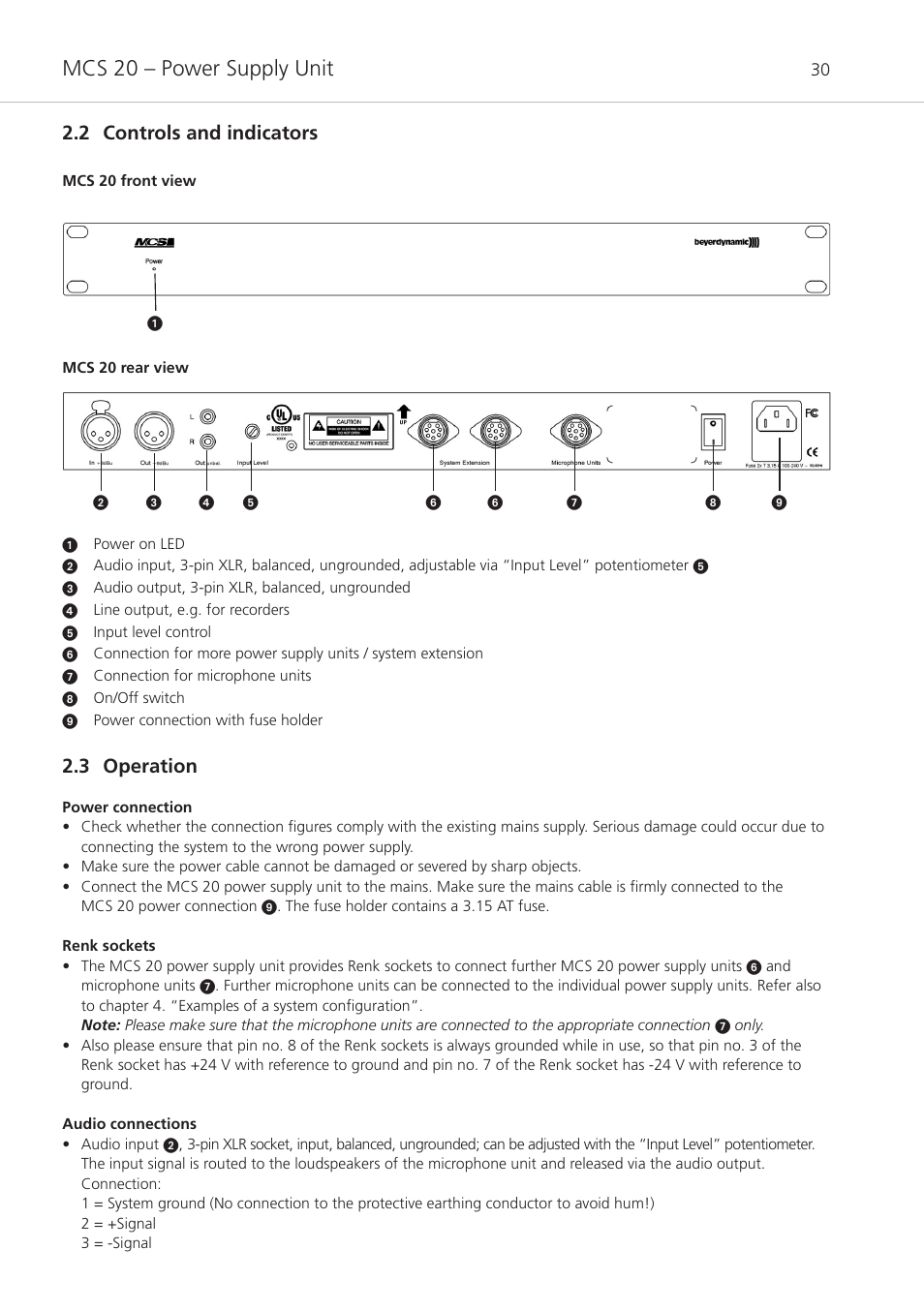 2 controls and indicators, 3 operation, Mcs 20 – power supply unit | Beyerdynamic MCS 20 User Manual | Page 30 / 76