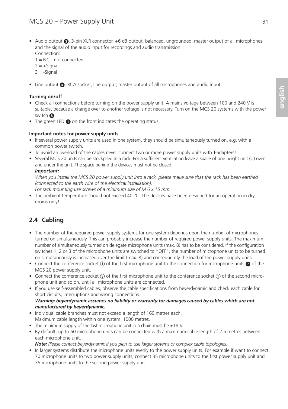 4 cabling, Mcs 20 – power supply unit, English | Beyerdynamic MCS 20 User Manual | Page 31 / 76