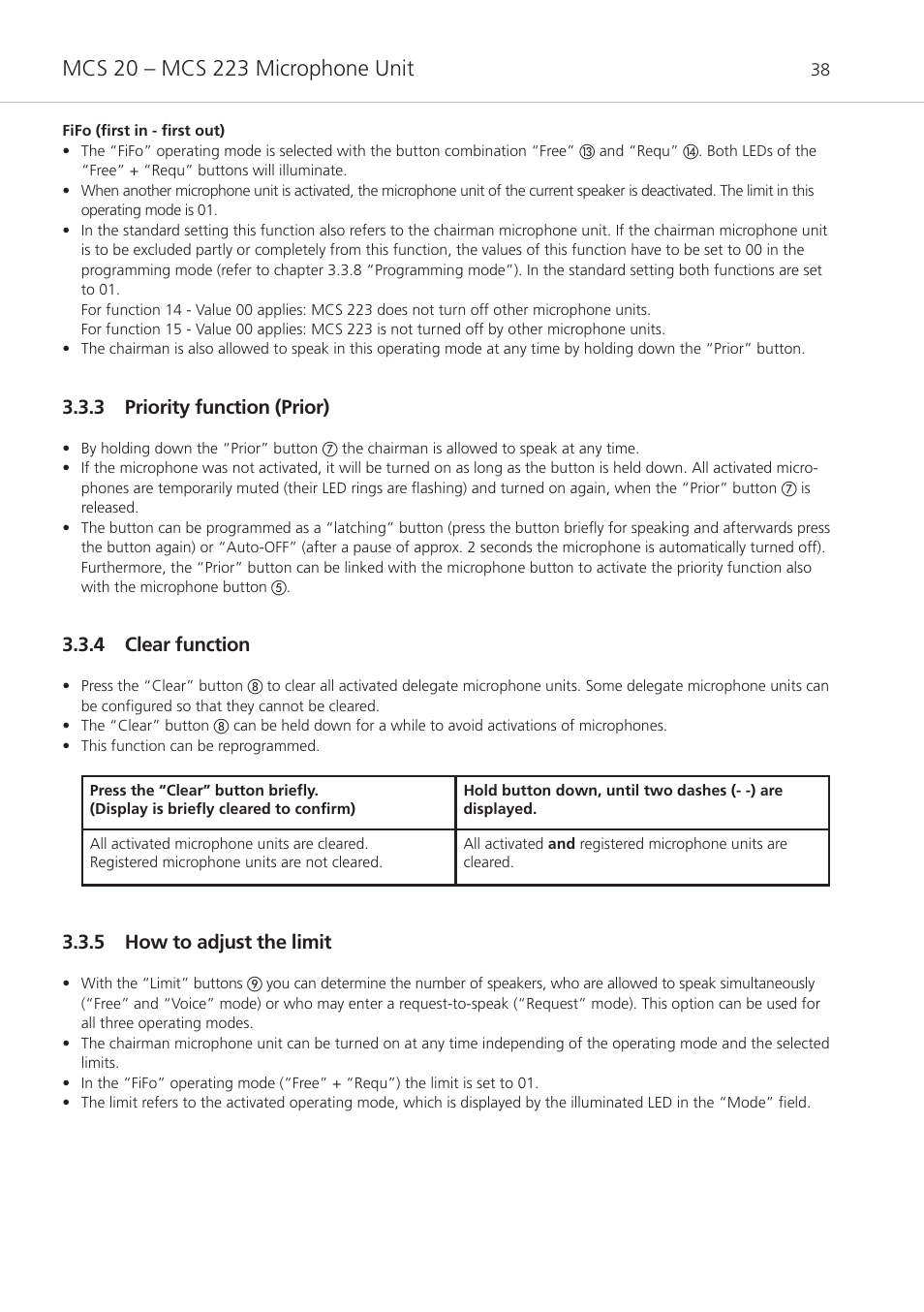 3 priority function (prior), 4 clear function, 5 how to adjust the limit | Beyerdynamic MCS 20 User Manual | Page 38 / 76