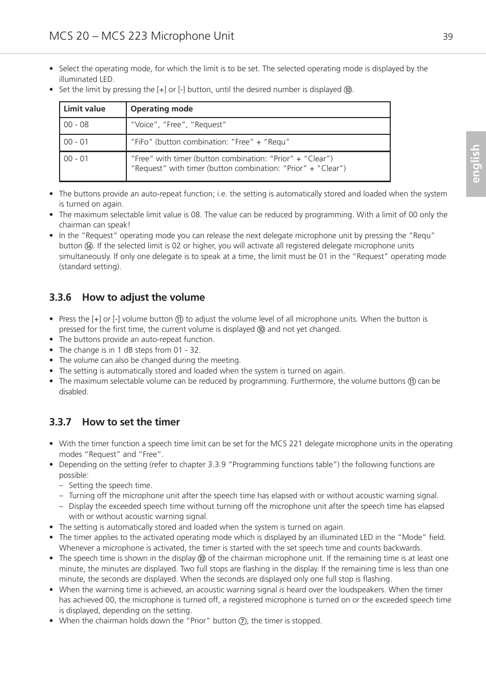 6 how to adjust the volume, 7 how to set the timer, English | Beyerdynamic MCS 20 User Manual | Page 39 / 76