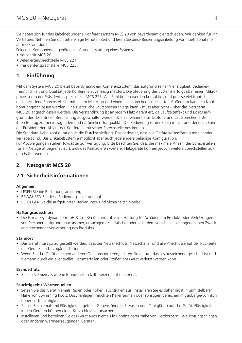 Einführung, Netzgerät mcs 20, 1 sicherheitsinformationen | Mcs 20 – netzgerät, Netzgerät mcs 20 2.1 sicherheitsinformationen | Beyerdynamic MCS 20 User Manual | Page 4 / 76