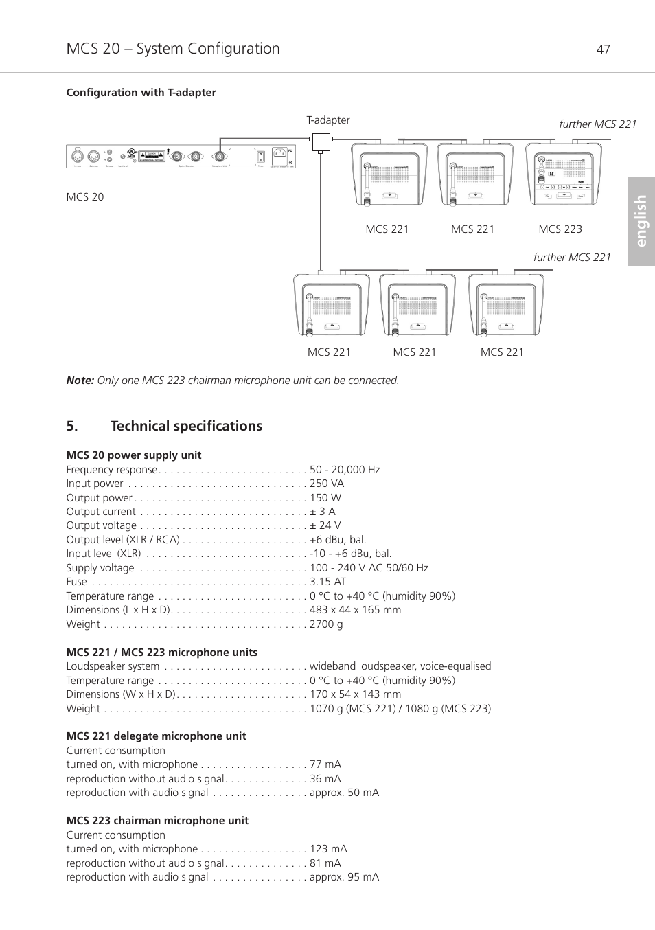 Technical specifications, Mcs 20 – system configuration, English | Beyerdynamic MCS 20 User Manual | Page 47 / 76
