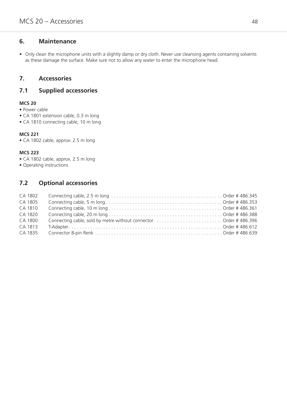 Maintenance, Accessories, 1 supplied accessories | 2 optional accessories, Mcs 20 – accessories | Beyerdynamic MCS 20 User Manual | Page 48 / 76