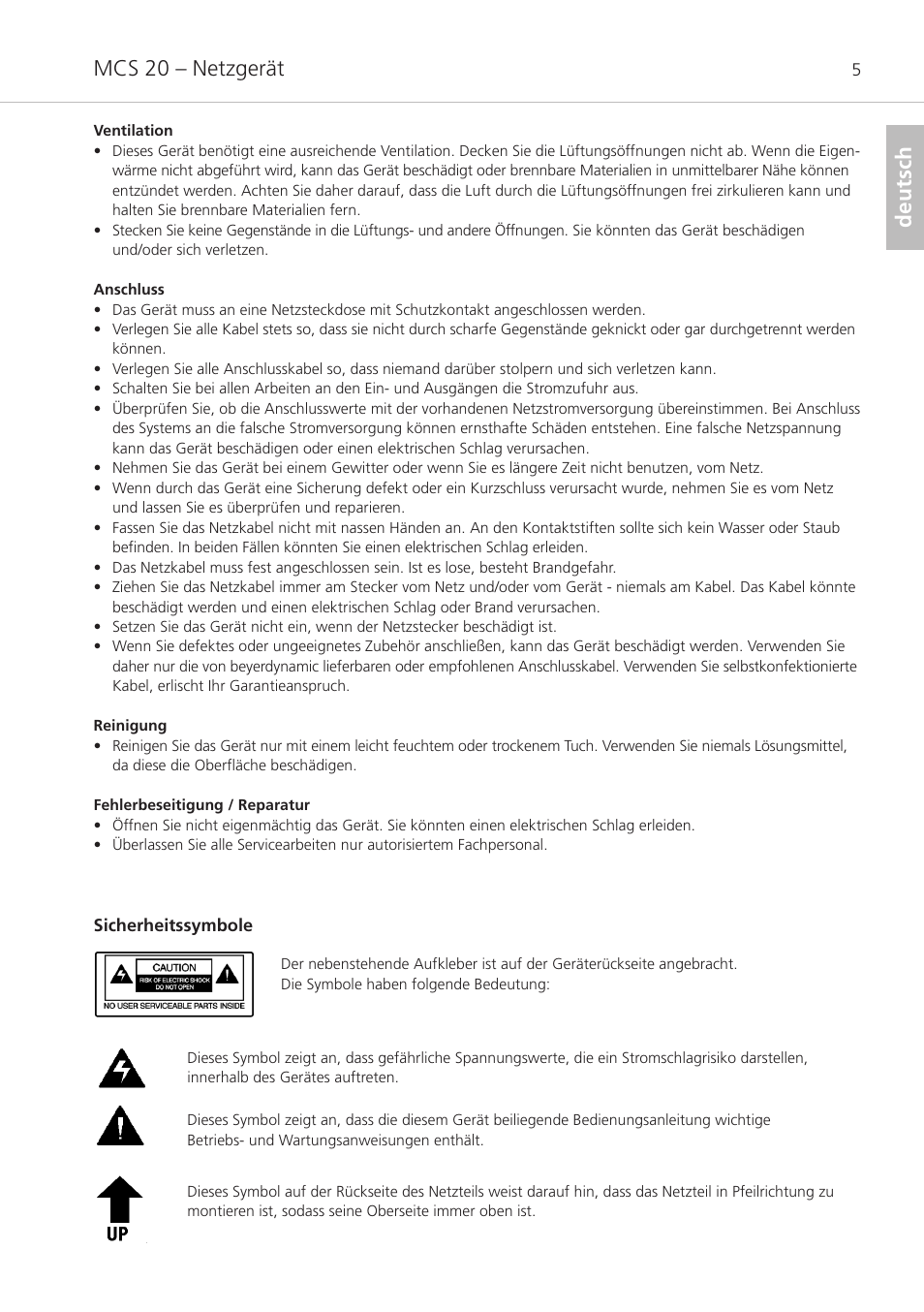 Mcs 20 – netzgerät, Deutsch | Beyerdynamic MCS 20 User Manual | Page 5 / 76