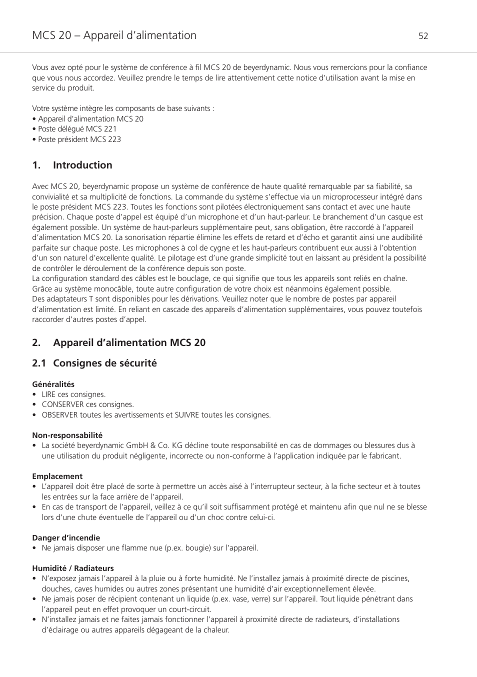 Introduction, Appareil d’alimentation mcs 20, 1 consignes de sécurité | Mcs 20 – appareil d’alimentation | Beyerdynamic MCS 20 User Manual | Page 52 / 76