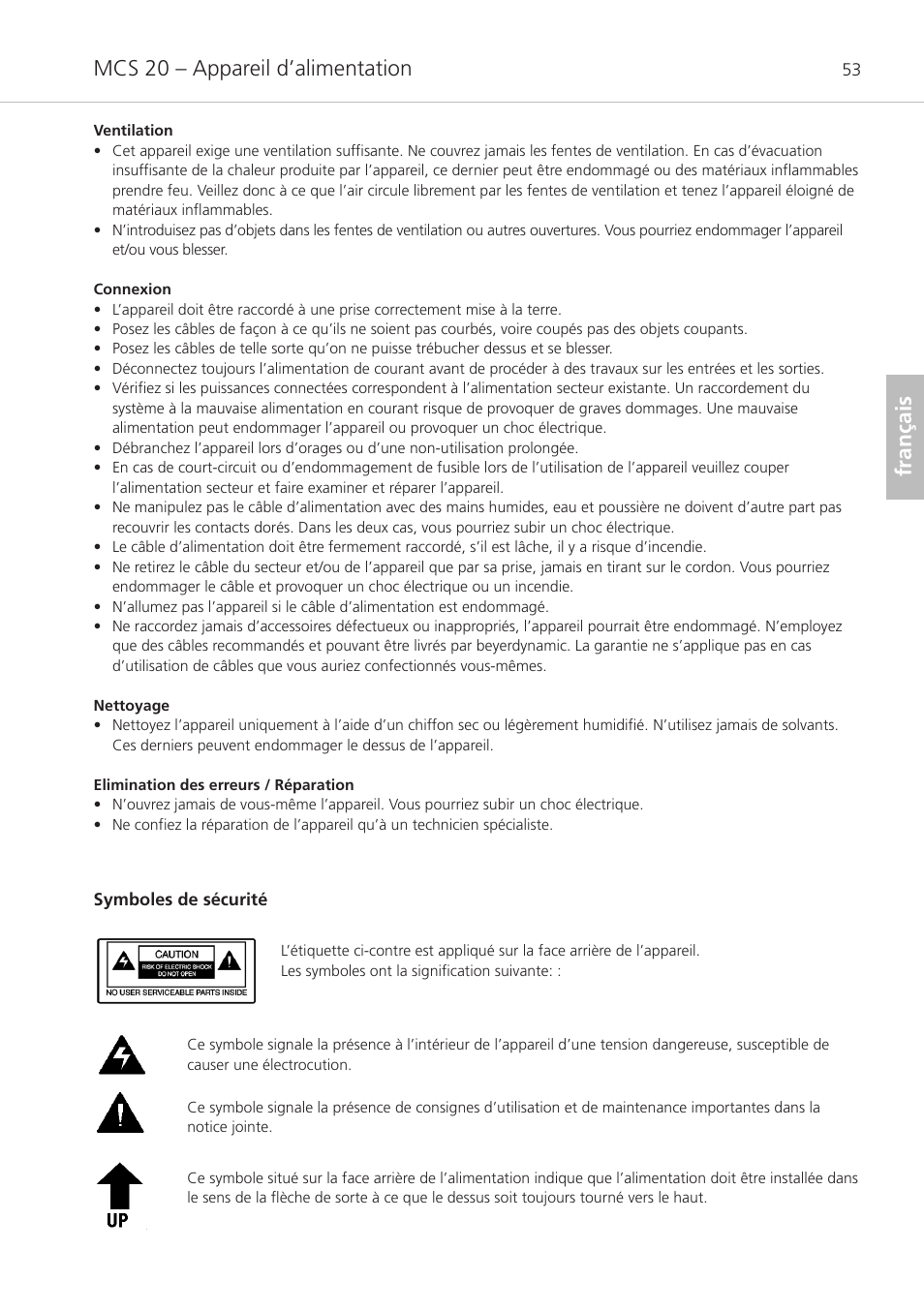Mcs 20 – appareil d’alimentation, Français | Beyerdynamic MCS 20 User Manual | Page 53 / 76