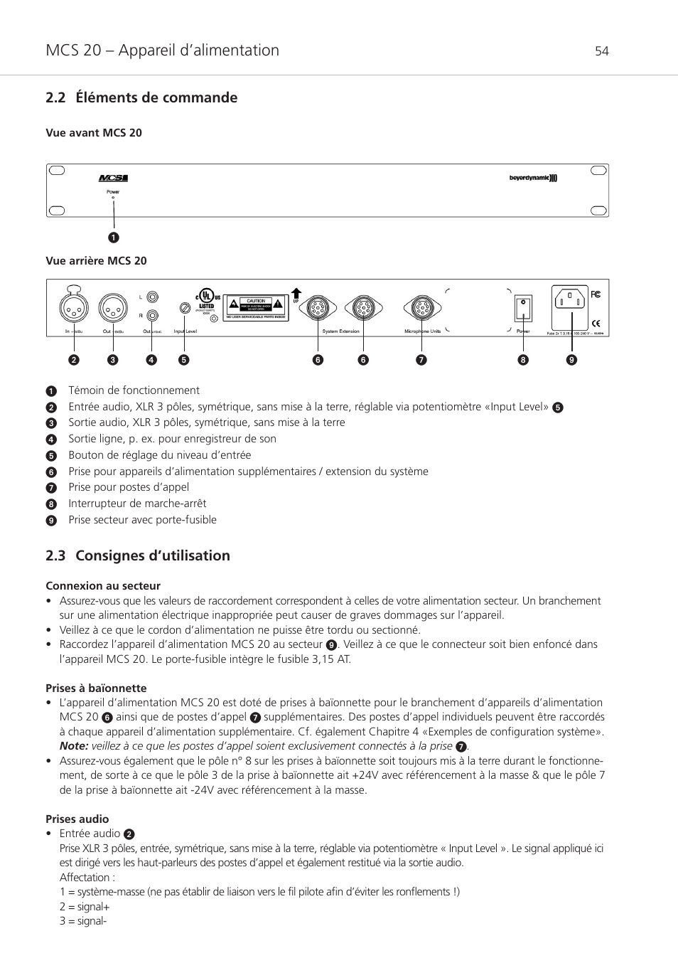 2 éléments de commande, 3 consignes d’utilisation, Mcs 20 – appareil d’alimentation | Beyerdynamic MCS 20 User Manual | Page 54 / 76