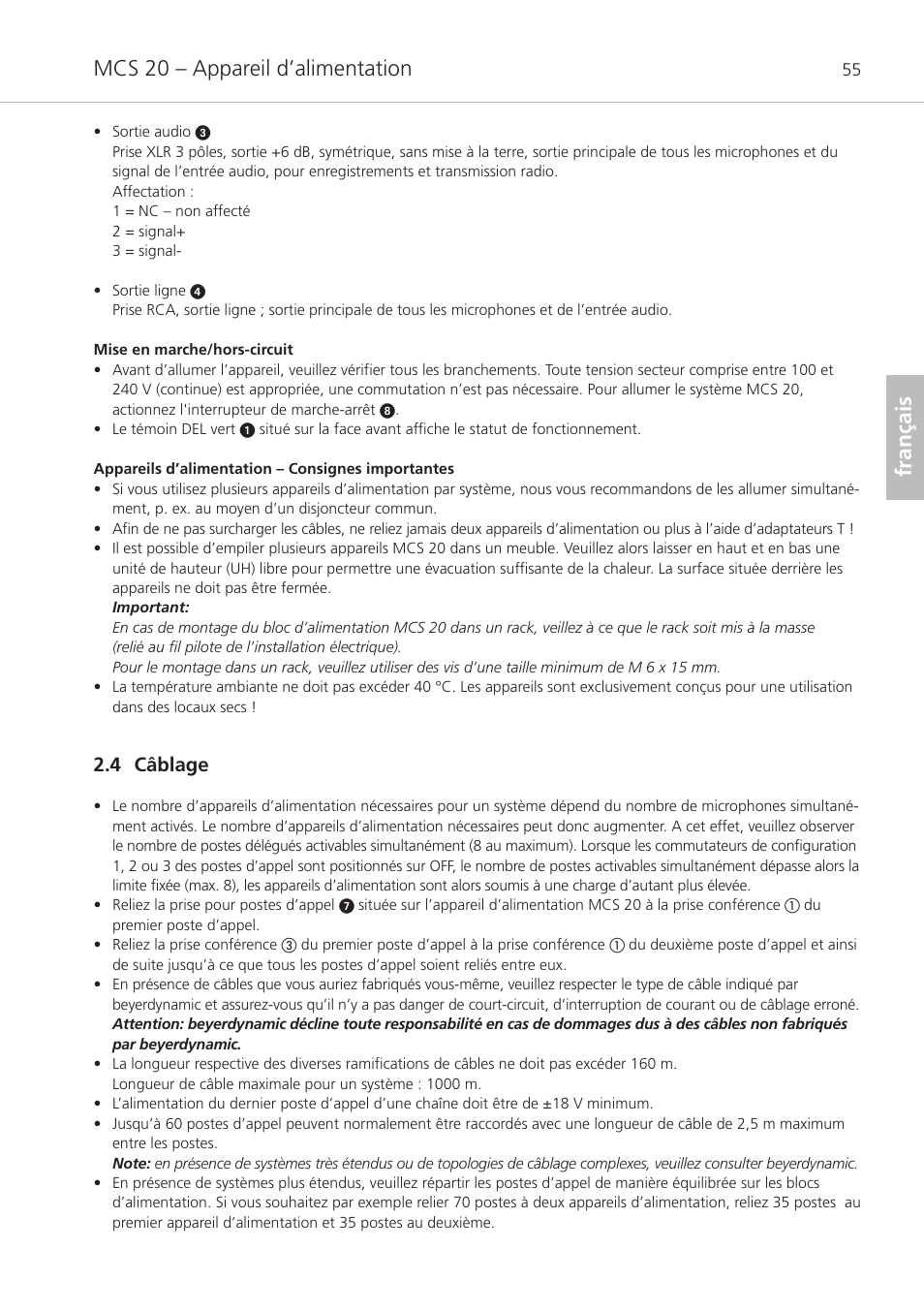 4 câblage, Mcs 20 – appareil d’alimentation, Français | Beyerdynamic MCS 20 User Manual | Page 55 / 76