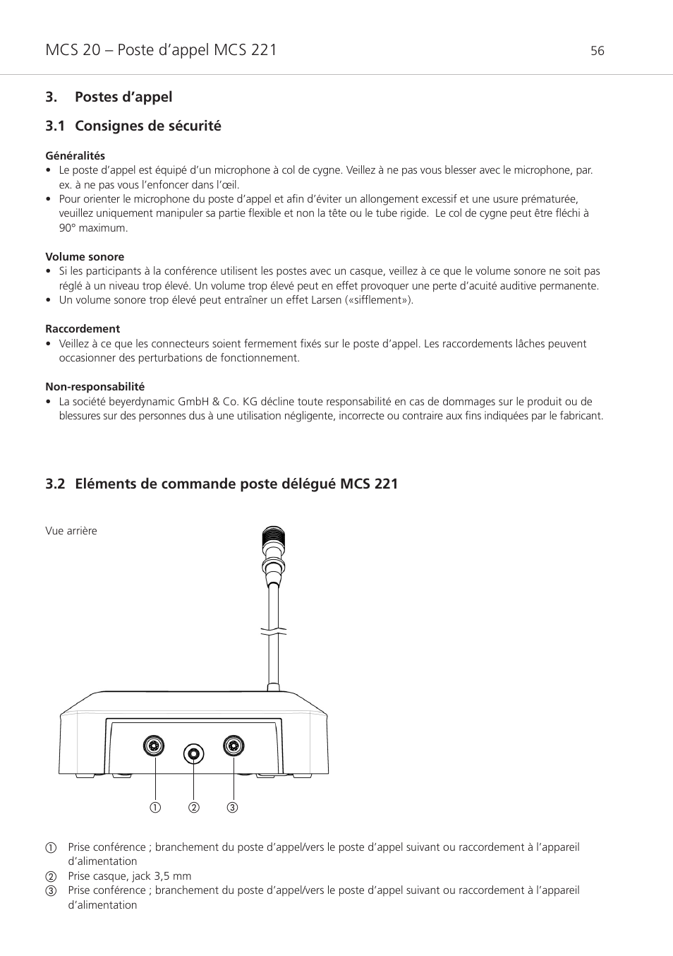 Postes d’appel, 1 consignes de sécurité, 2 eléments de commande poste délégué mcs 221 | Postes d’appel 3.1 consignes de sécurité | Beyerdynamic MCS 20 User Manual | Page 56 / 76