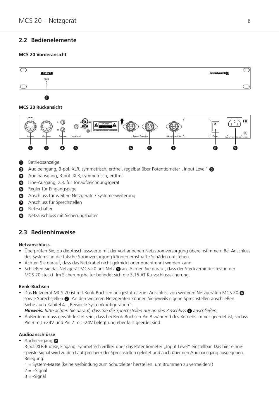 2 bedienelemente, 3 bedienhinweise, Mcs 20 – netzgerät | Beyerdynamic MCS 20 User Manual | Page 6 / 76