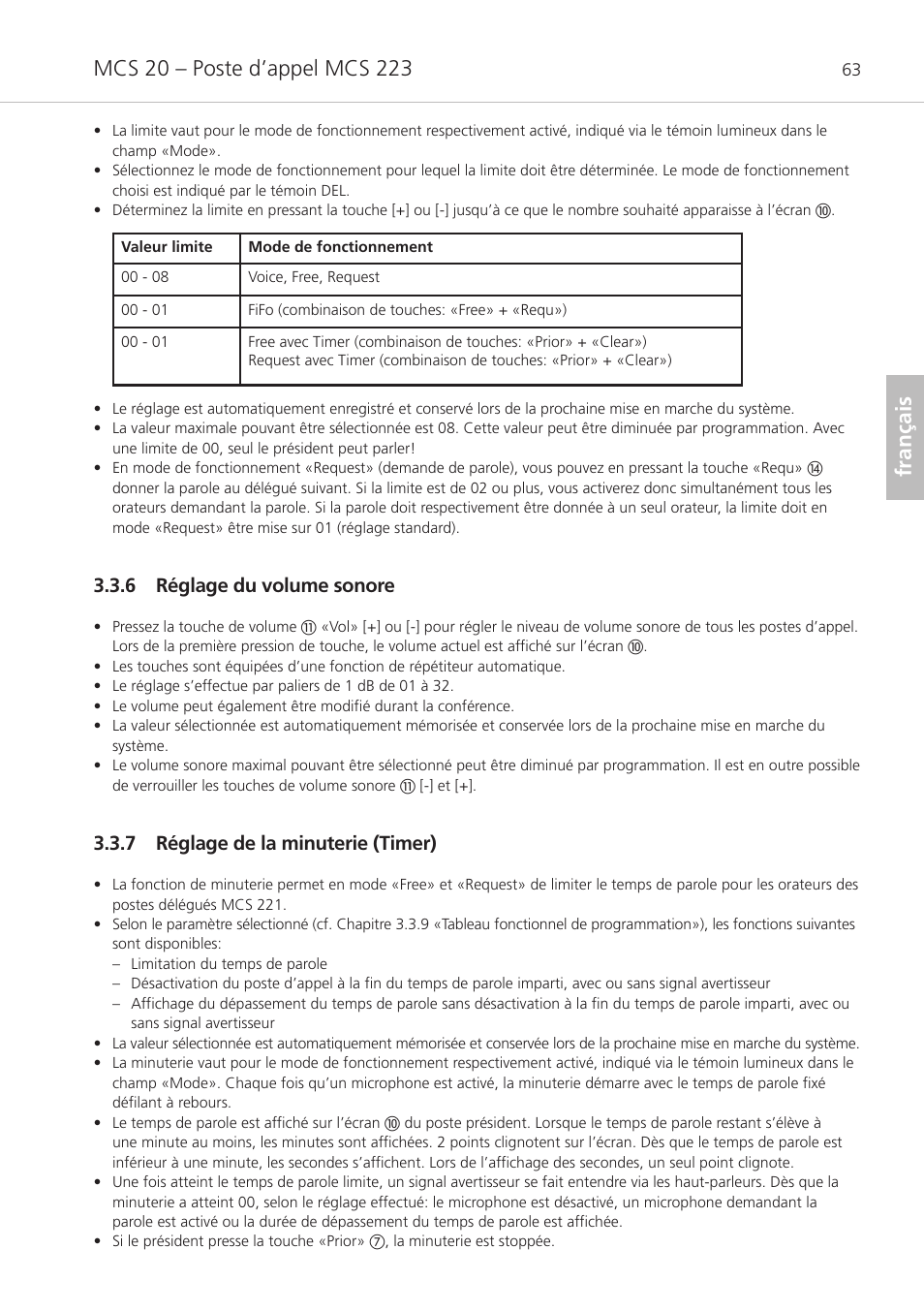 6 réglage du volume sonore, 7 réglage de la minuterie (timer), Français | Beyerdynamic MCS 20 User Manual | Page 63 / 76