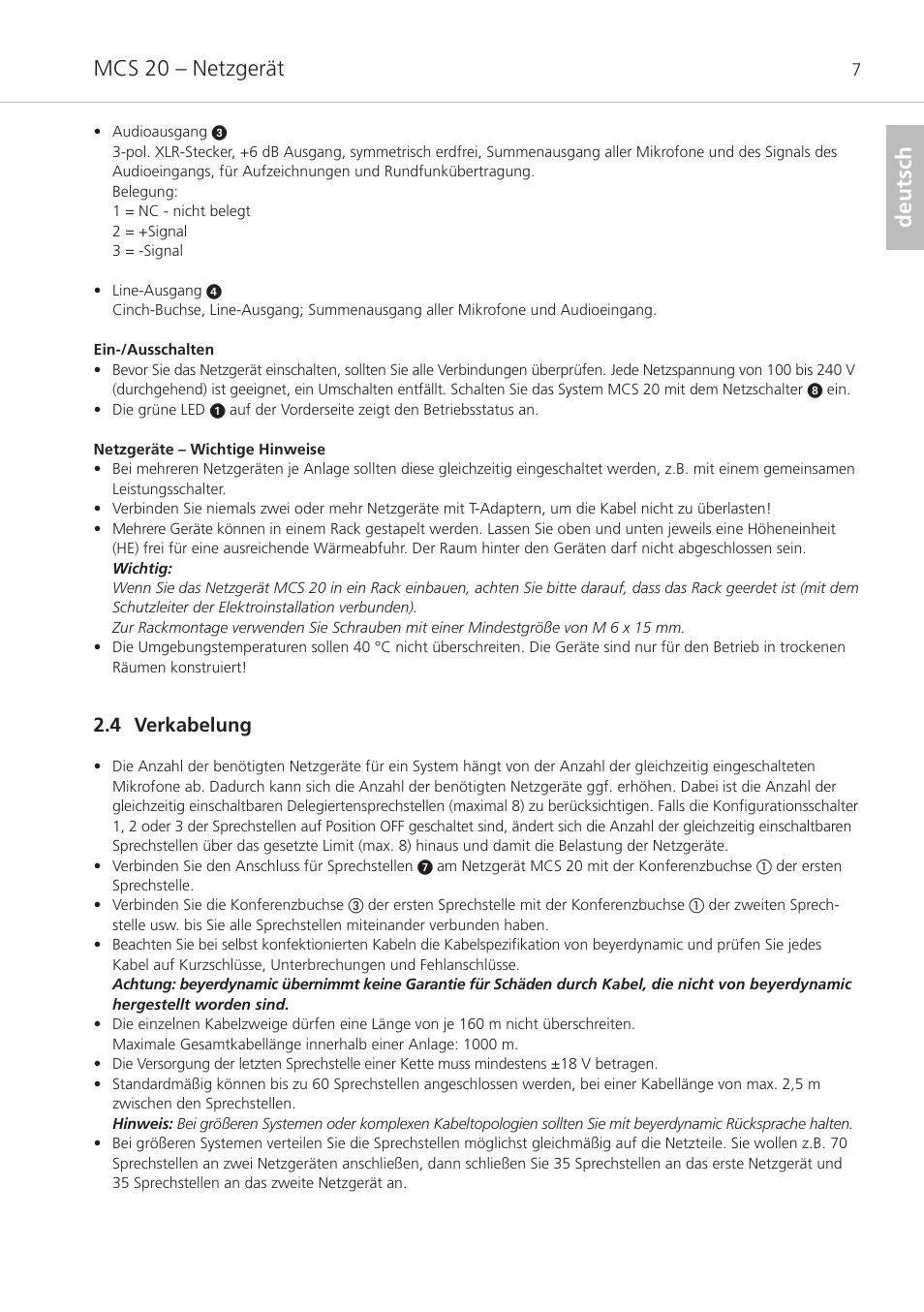 4 verkabelung, Mcs 20 – netzgerät, Deutsch | Beyerdynamic MCS 20 User Manual | Page 7 / 76