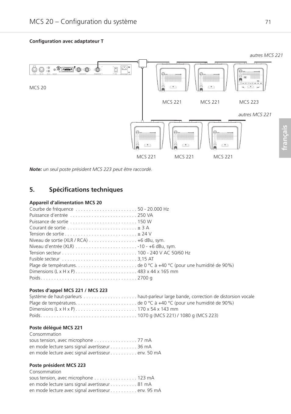 Spécifications techniques, Mcs 20 – configuration du système, Français | Beyerdynamic MCS 20 User Manual | Page 71 / 76