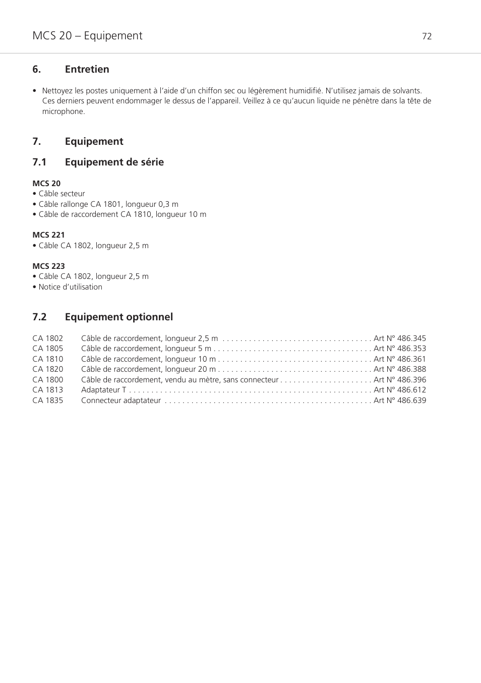 Entretien, Equipement, 1 equipement de série | 2 equipement optionnel, Mcs 20 – equipement | Beyerdynamic MCS 20 User Manual | Page 72 / 76