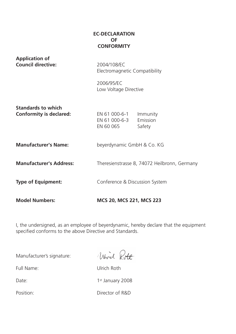 Konformitätserklärung, Ec-declaration of conformity, Déclaration de conformité | Beyerdynamic MCS 20 User Manual | Page 74 / 76