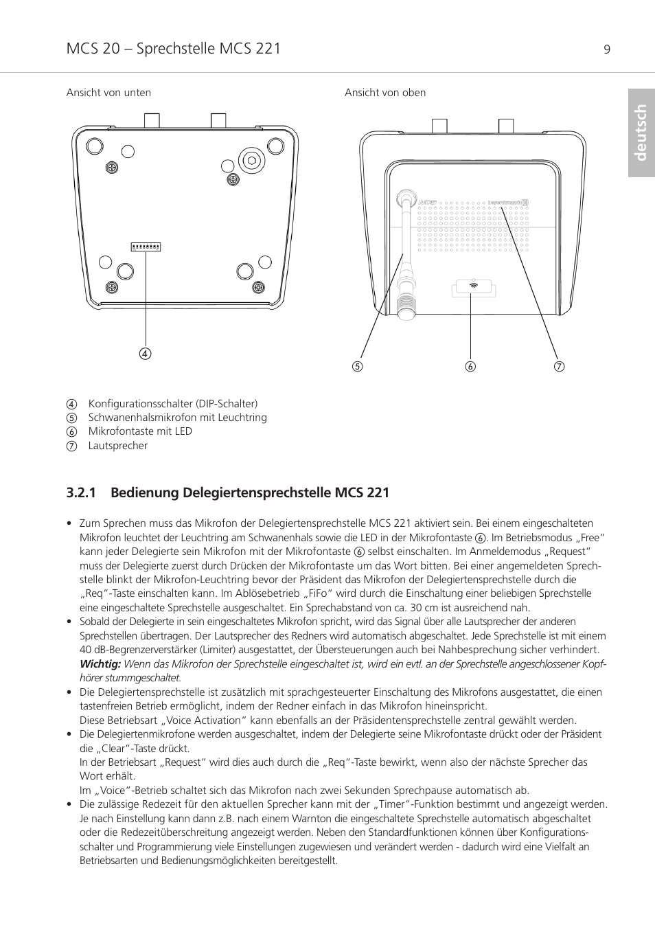1 bedienung delegiertensprechstelle mcs 221, Deutsch | Beyerdynamic MCS 20 User Manual | Page 9 / 76