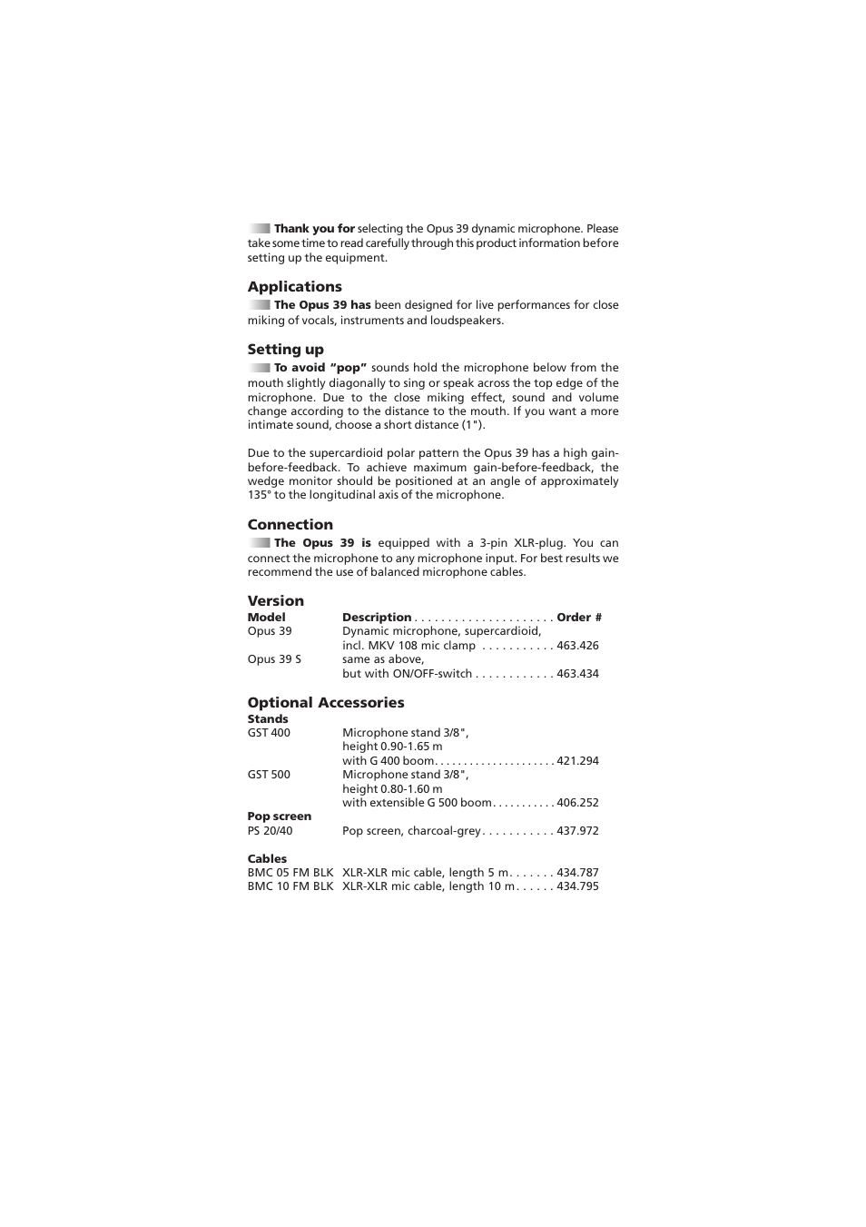 Applications, Setting up, Connection | Version, Optional accessories | Beyerdynamic Opus 39 User Manual | Page 4 / 9