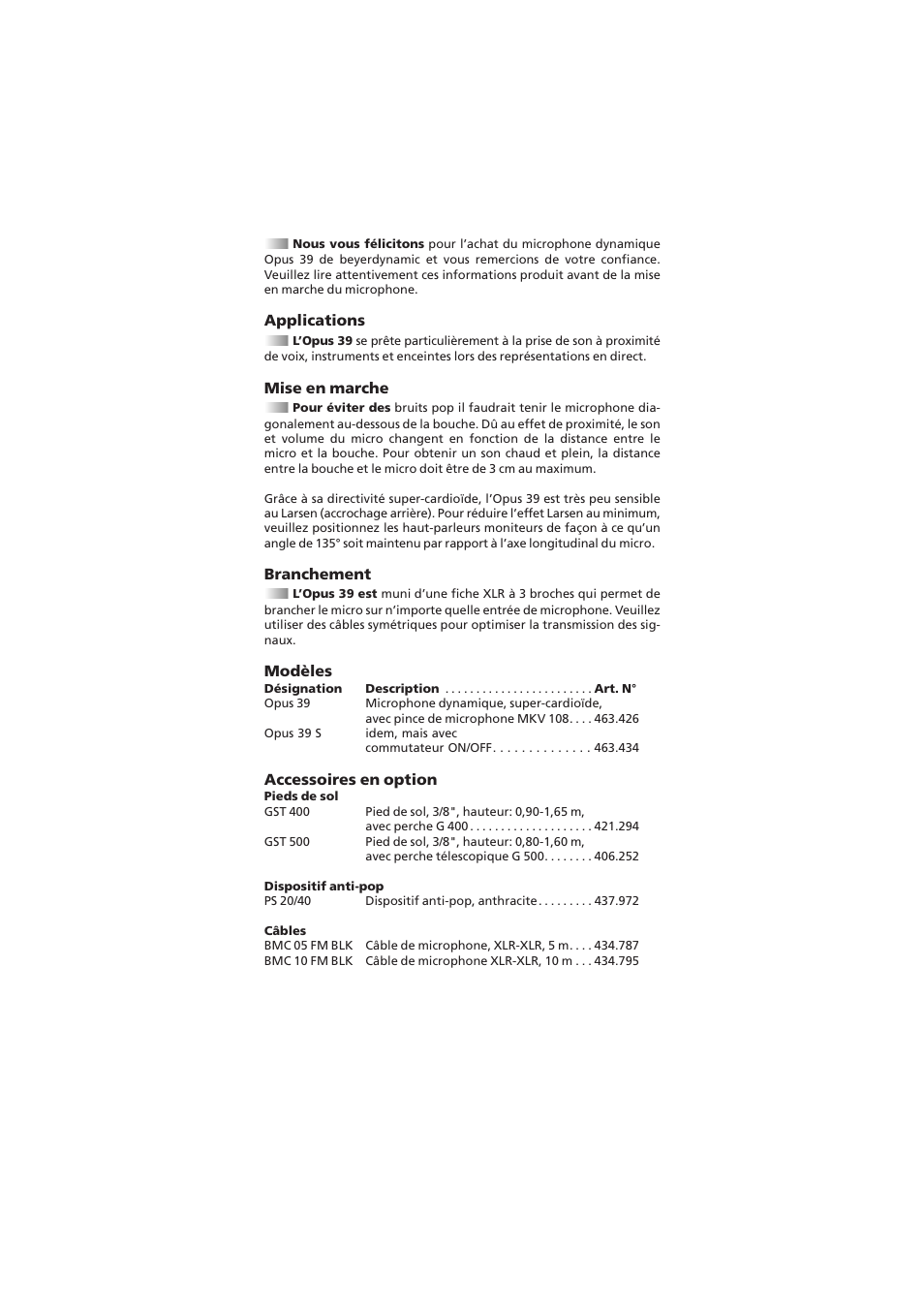 Applications, Mise en marche, Branchement | Modèles, Accessoires en option | Beyerdynamic Opus 39 User Manual | Page 6 / 9