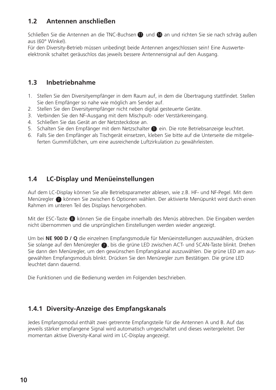 2 antennen anschließen, 3 inbetriebnahme, 4 lc-display und menüeinstellungen | 1 diversity-anzeige des empfangskanals, 10 1.2 antennen anschließen | Beyerdynamic UHF Wireless System Opus 900 User Manual | Page 10 / 164