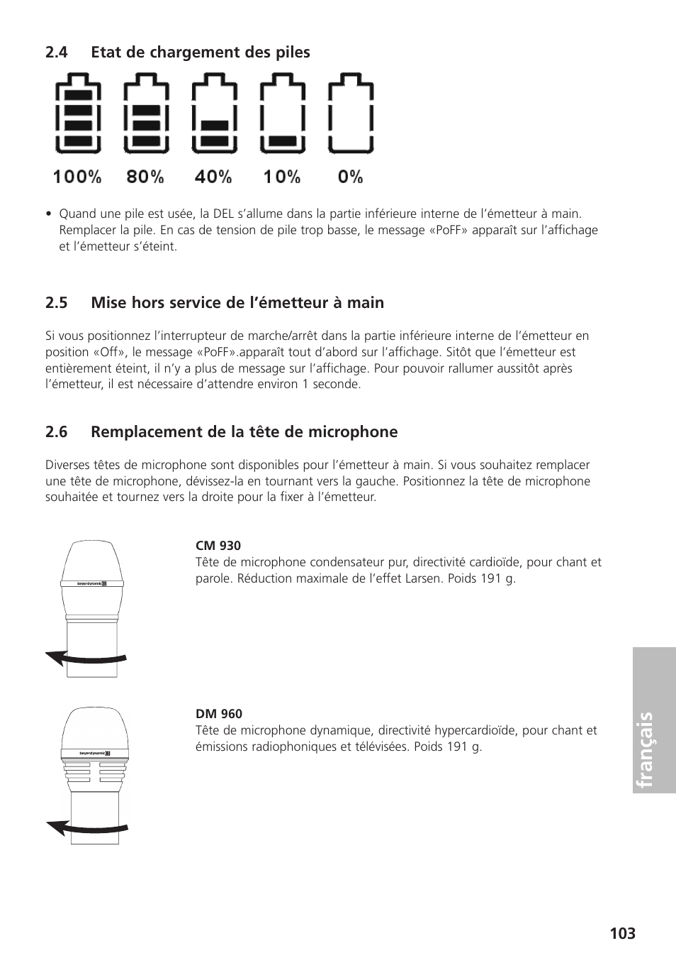 4 etat de chargement des piles, 5 mise hors service de l’émetteur à main, 6 remplacement de la tête de microphone | Français | Beyerdynamic UHF Wireless System Opus 900 User Manual | Page 103 / 164