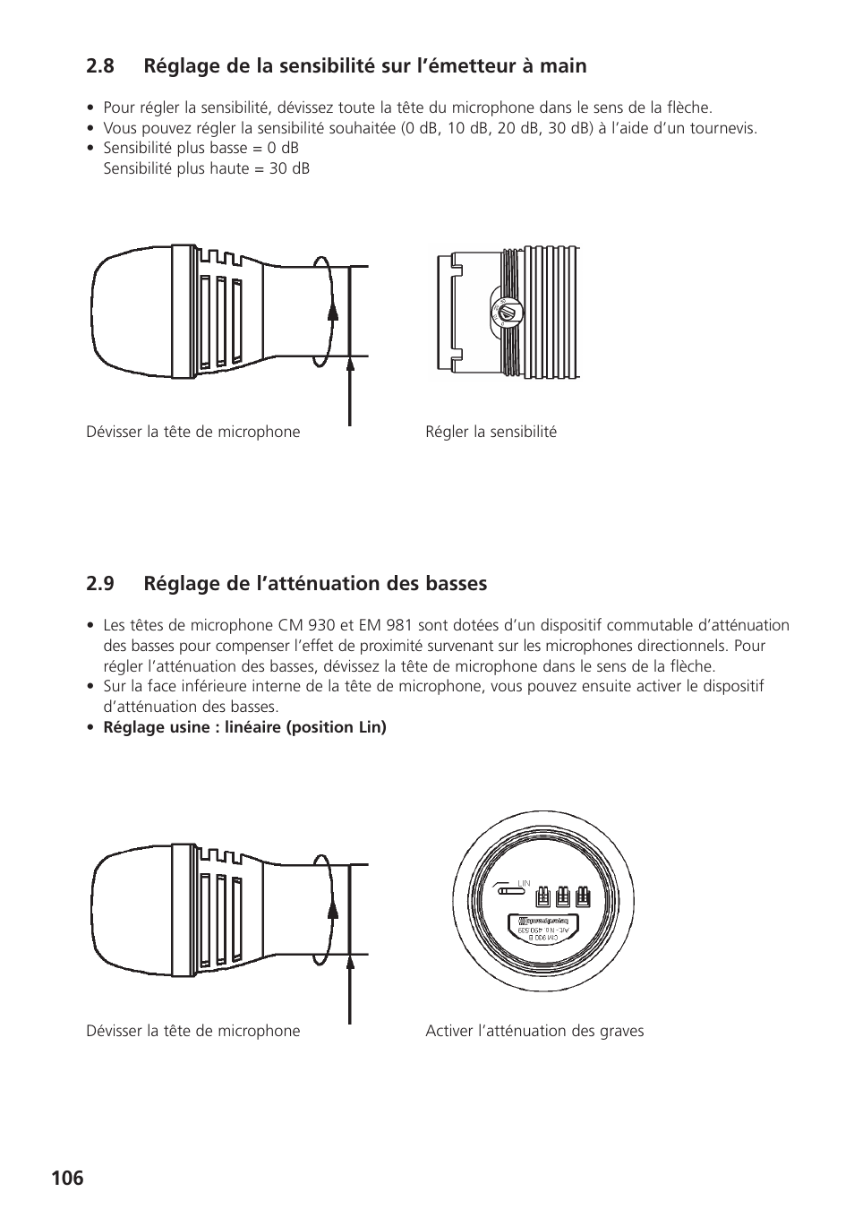 8 réglage de la sensibilité sur l’émetteur à main, 9 réglage de l’atténuation des basses | Beyerdynamic UHF Wireless System Opus 900 User Manual | Page 106 / 164