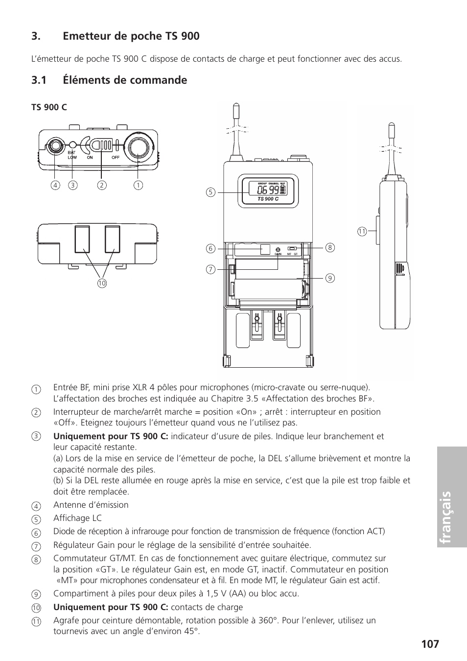 Emetteur de poche ts 900, 1 éléments de commande, Français | Beyerdynamic UHF Wireless System Opus 900 User Manual | Page 107 / 164