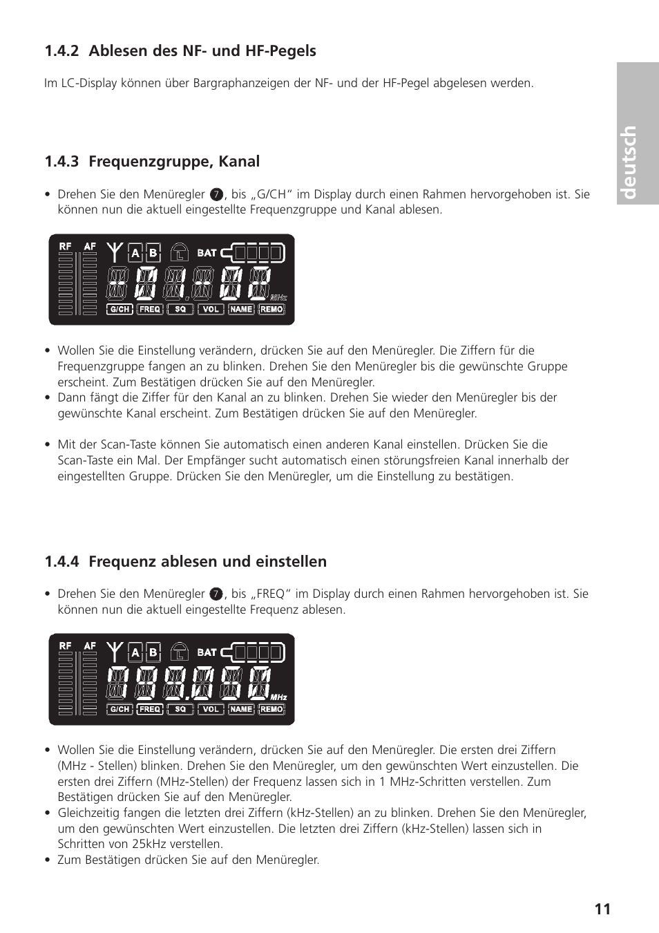 2 ablesen des nf- und hf-pegels, 3 frequenzgruppe, kanal, 4 frequenz ablesen und einstellen | Deutsch | Beyerdynamic UHF Wireless System Opus 900 User Manual | Page 11 / 164