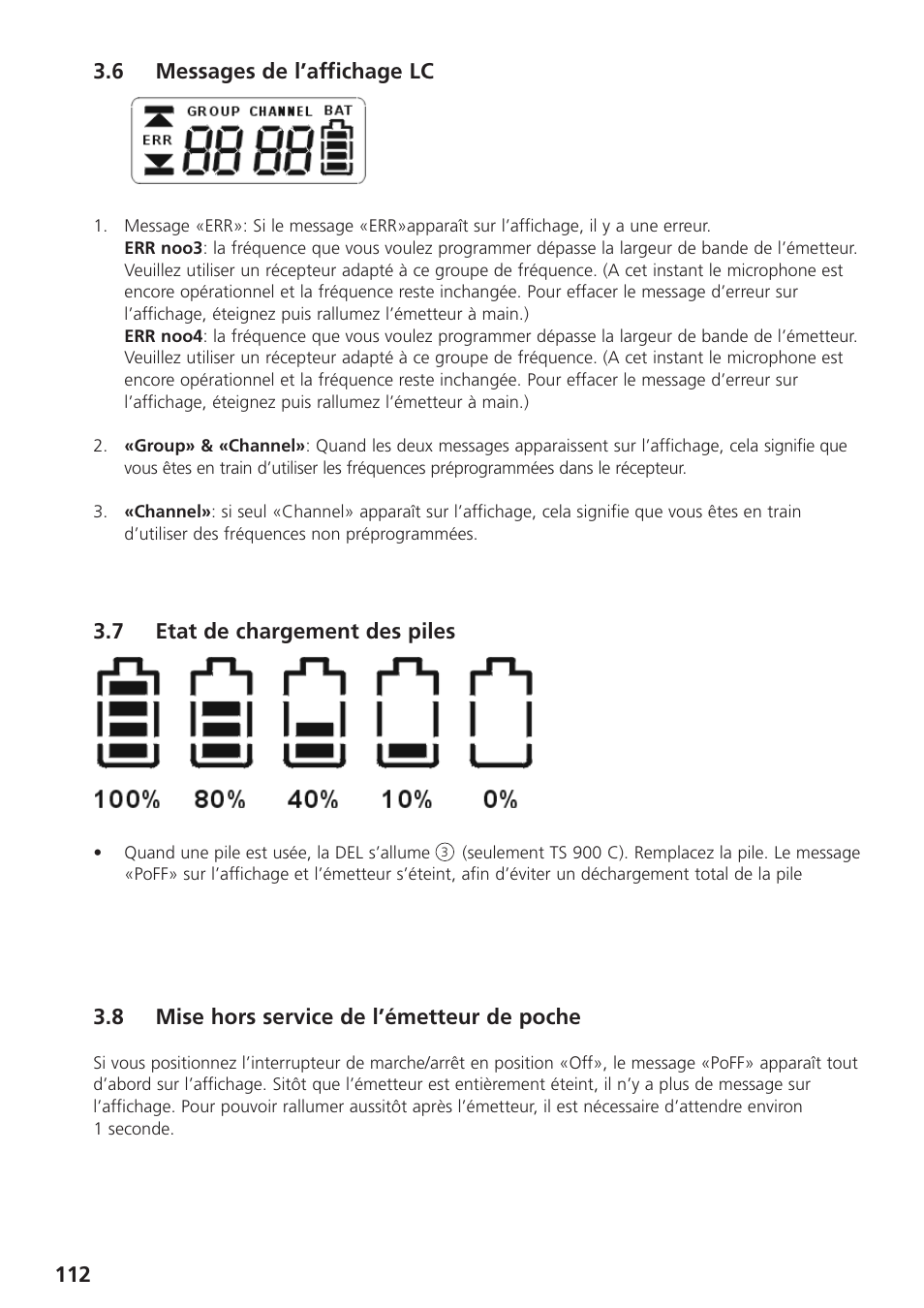 6 messages de l’affichage lc, 7 etat de chargement des piles, 8 mise hors service de l’émetteur de poche | Beyerdynamic UHF Wireless System Opus 900 User Manual | Page 112 / 164