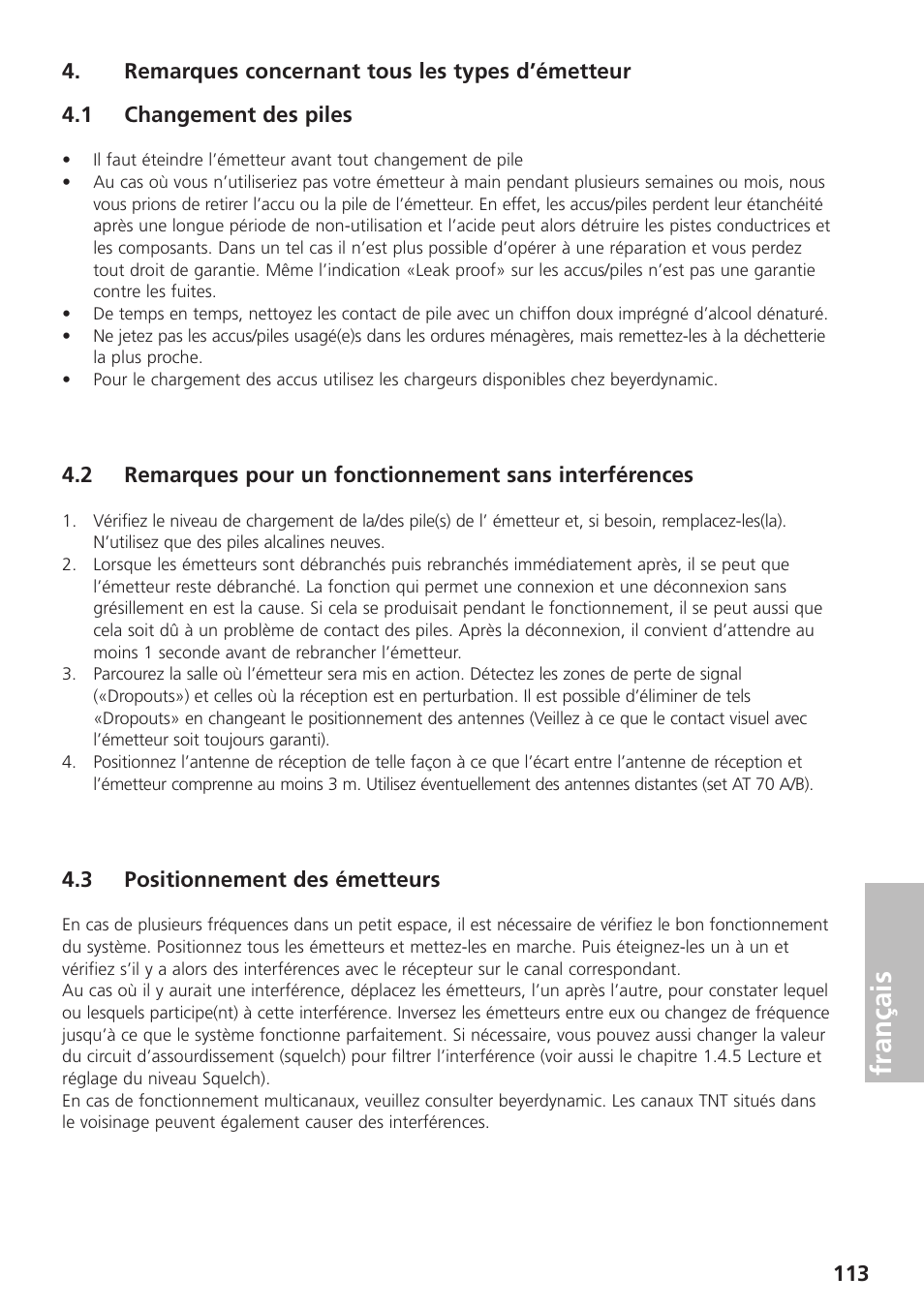Remarques concernant tous les types d’émetteur, 1 changement des piles, 3 positionnement des émetteurs | Français | Beyerdynamic UHF Wireless System Opus 900 User Manual | Page 113 / 164