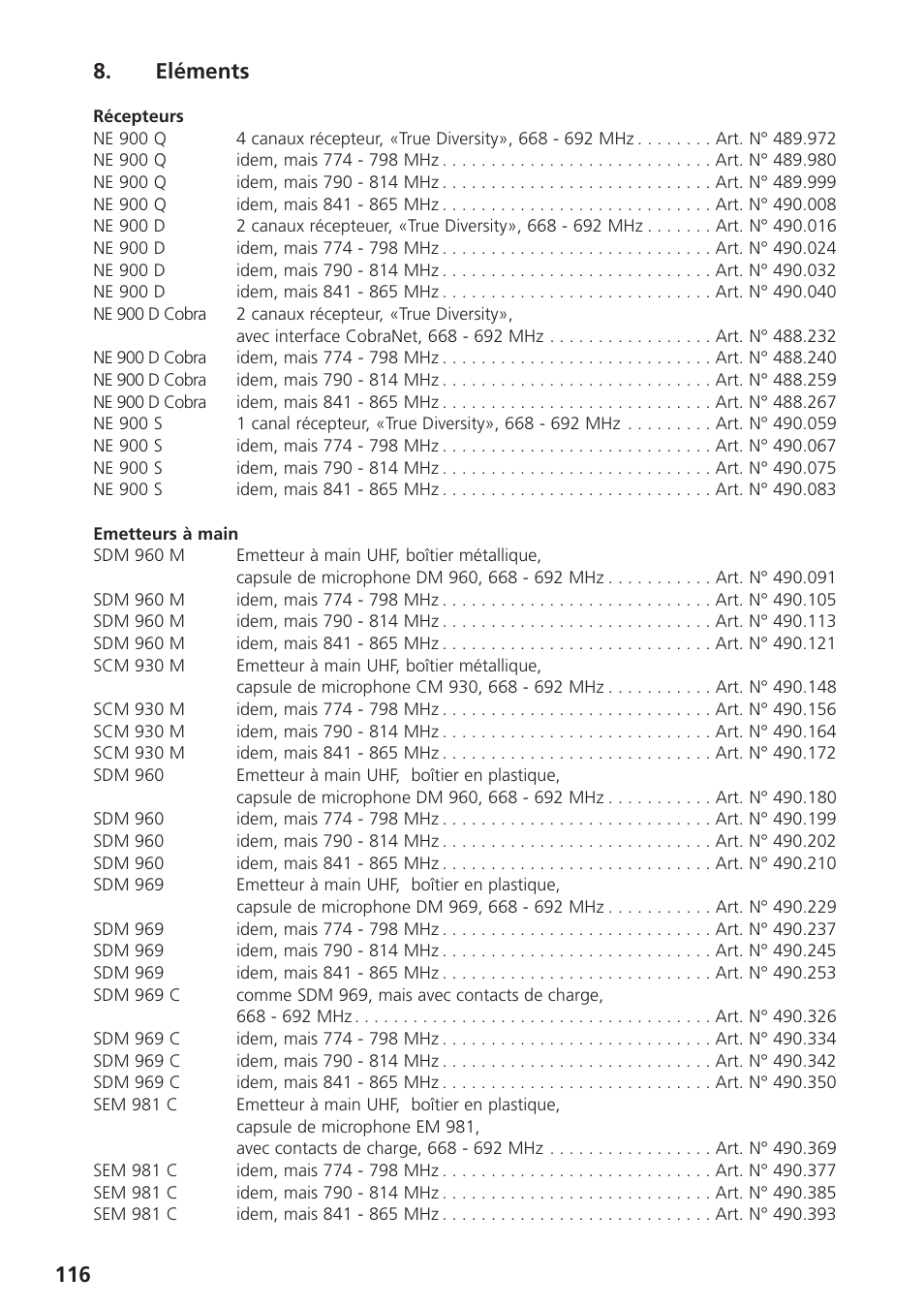 Eléments, 116 8. eléments | Beyerdynamic UHF Wireless System Opus 900 User Manual | Page 116 / 164