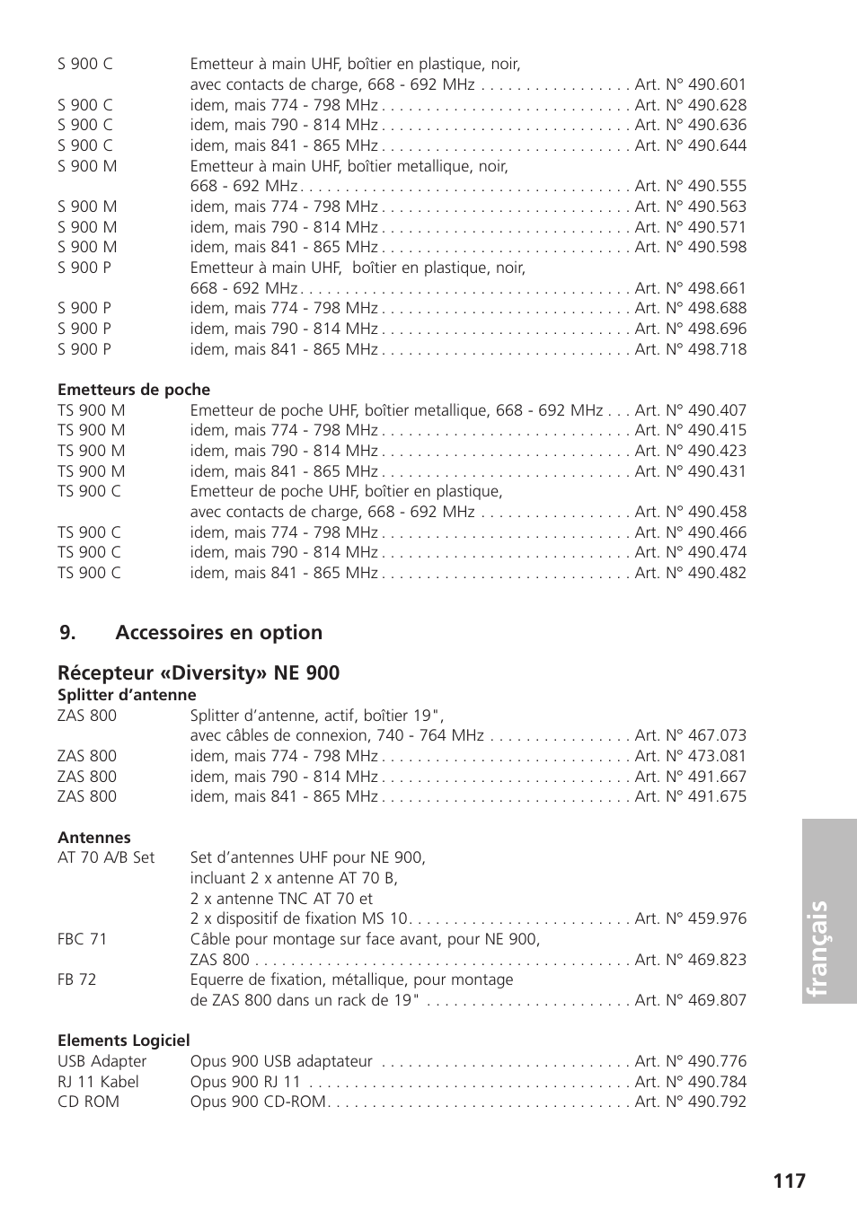 Accessoires en op, Français, Accessoires en option récepteur «diversity» ne 900 | Beyerdynamic UHF Wireless System Opus 900 User Manual | Page 117 / 164