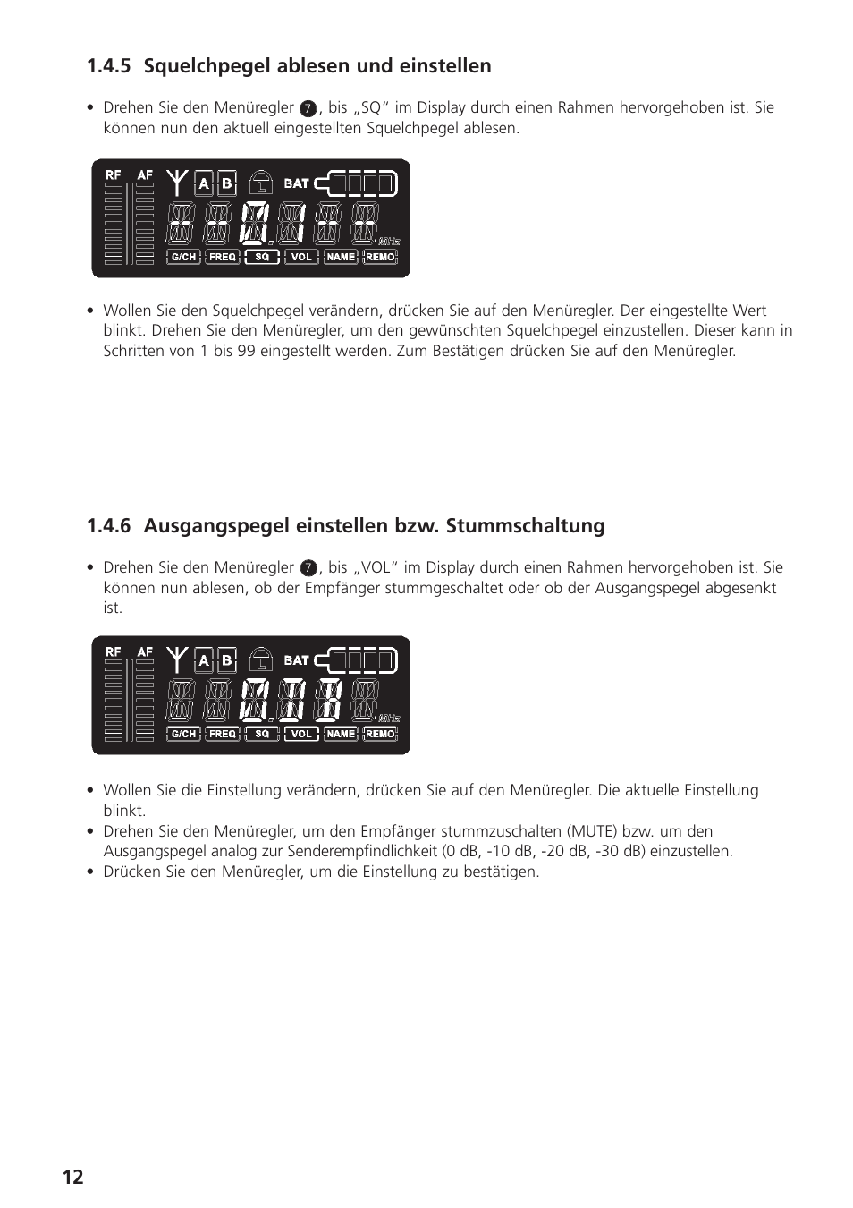5 squelchpegel ablesen und einstellen, 6 ausgangspegel einstellen bzw. stummschaltung | Beyerdynamic UHF Wireless System Opus 900 User Manual | Page 12 / 164
