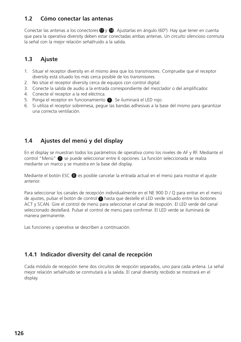 2 cómo conectar las antenas, 3 ajuste, 4 ajustes del menú y del disp | 1 indicador diversity del canal de recepción, 4 ajustes del menú y del display | Beyerdynamic UHF Wireless System Opus 900 User Manual | Page 126 / 164