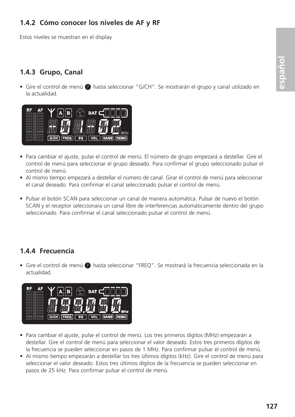 2 cómo conocer los niveles de af y rf, 3 grupo, canal, 4 frecuencia | Español | Beyerdynamic UHF Wireless System Opus 900 User Manual | Page 127 / 164