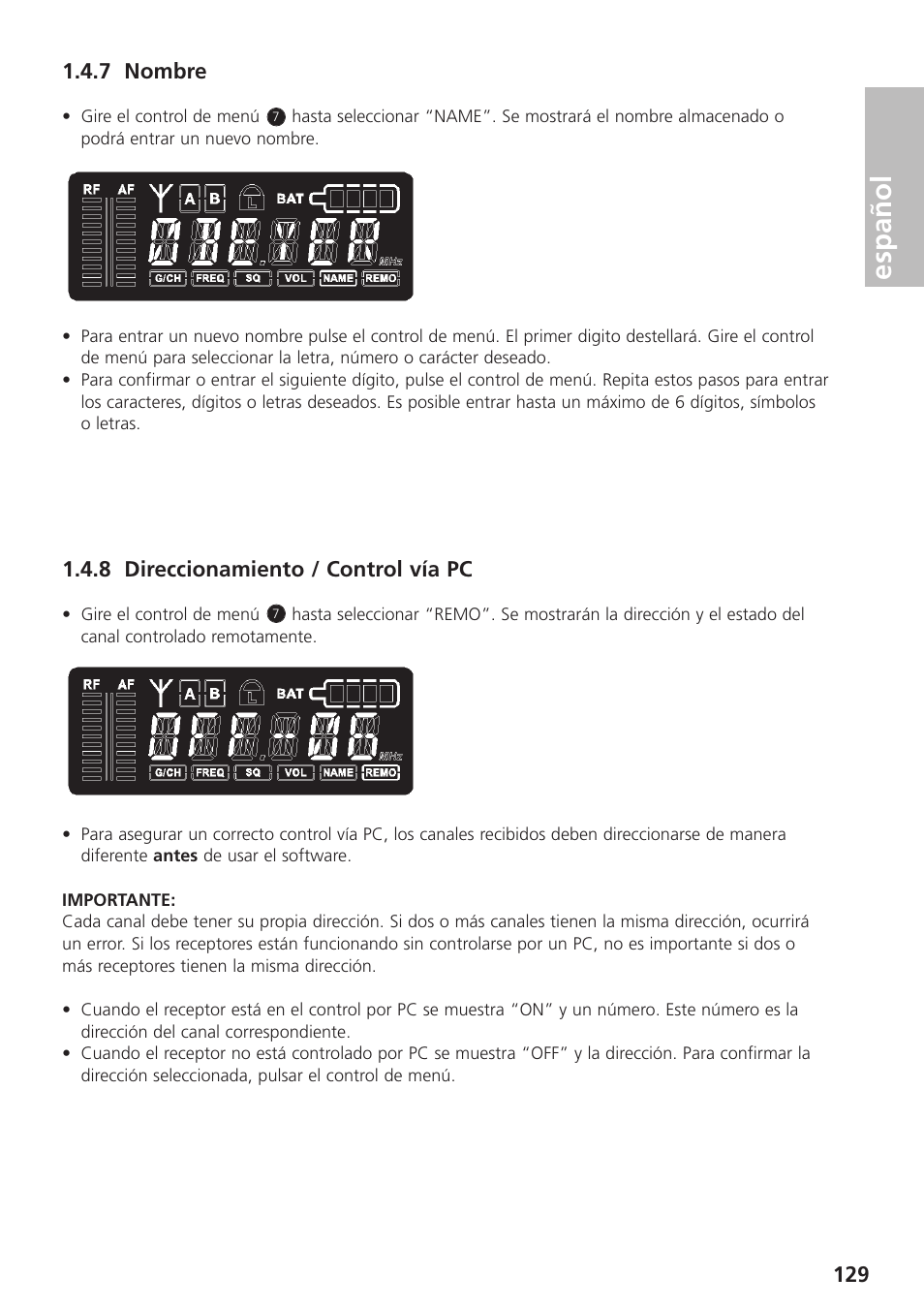 7 nombre, 8 direccionamiento / control vía pc, Español | Beyerdynamic UHF Wireless System Opus 900 User Manual | Page 129 / 164