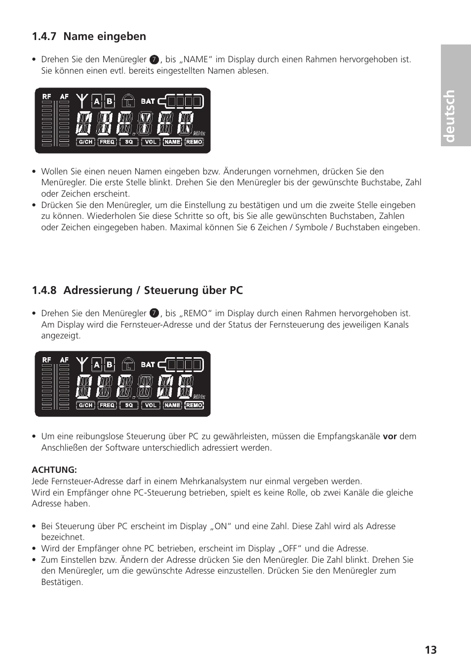 7 name eingeben, 8 adressierung / steuerung über pc, Deutsch | Beyerdynamic UHF Wireless System Opus 900 User Manual | Page 13 / 164