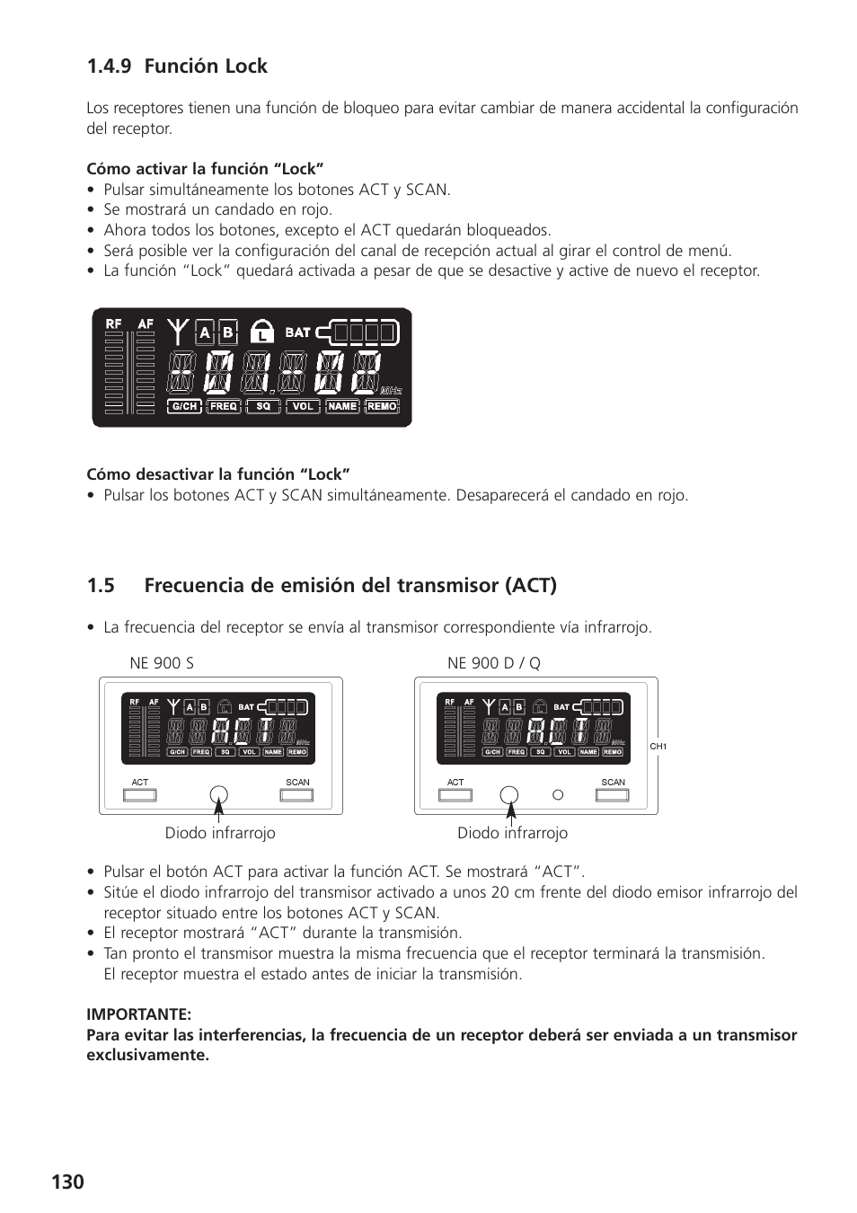 9 función lock, 5 frecuencia de emisión del transmisor (act) | Beyerdynamic UHF Wireless System Opus 900 User Manual | Page 130 / 164